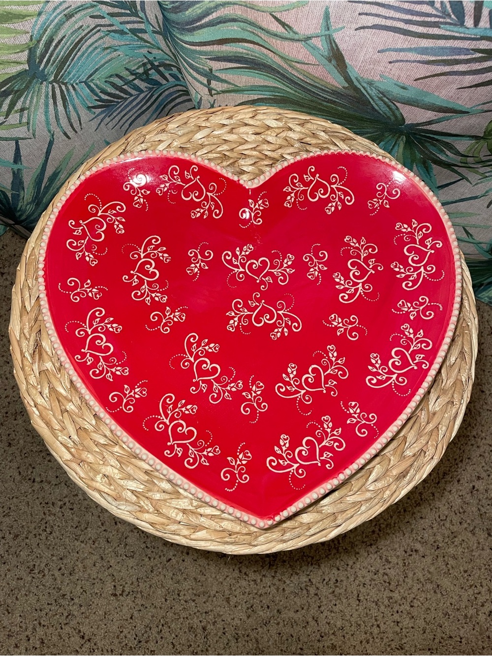 Temptations Heart Serving Tray Bowl in Red with White Accents
